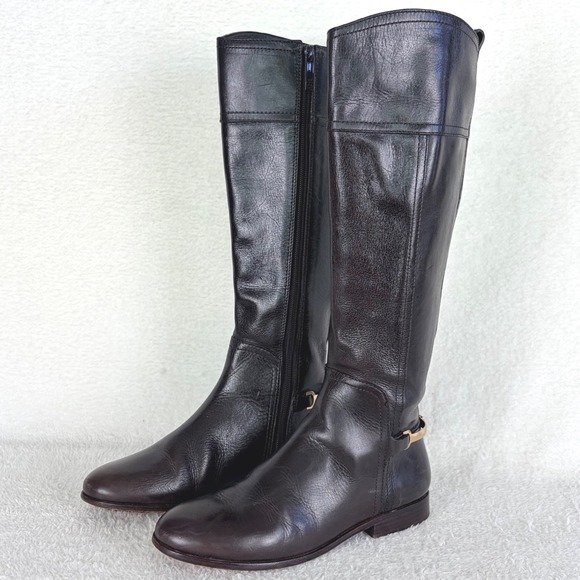 Tory Burch Shoes - Tory Burch Jess Dark Brown Leather Knee High Riding Boots Gold Horsebit 7.5M